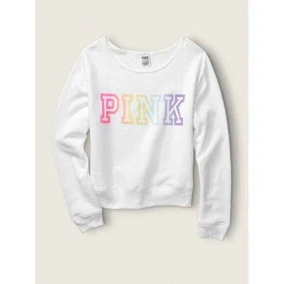 Vs Victorias Secret Pink Everyday Lounge Crop Crew Off-shoulder Sweat Rainbow M - Picture 2 of 7